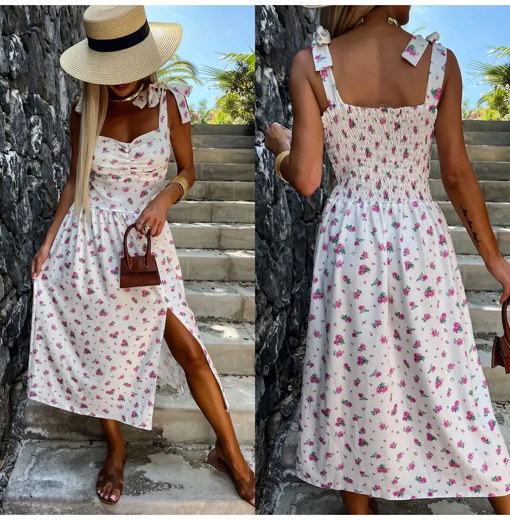 Summer Sexy Strap Midi Party Dresses Women 2024 Fashion Sleeveless Backless Print Slim White Dress Vacation Sundress Elegant