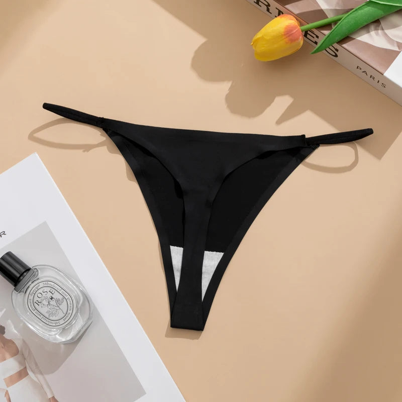 Women's Sexy Lightweight Ice Silk Seamless Knit Thong with Thin Straps - No Show Panty Underwear Lingerie Intimate Apparel
