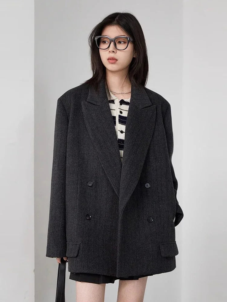 CHIC VEN Women Woolen Blazer Loose Vintage V Neck Female Jacket Suit Double Breasted Office Ladies Coat Spring Autumn 2025