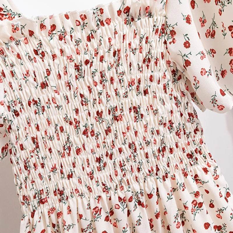 Summer Autumn Fashion Female Short Sleeve Elastic Waist Printed Floral A-line Midi Dress Women Chiffon Dresses Casual Dress