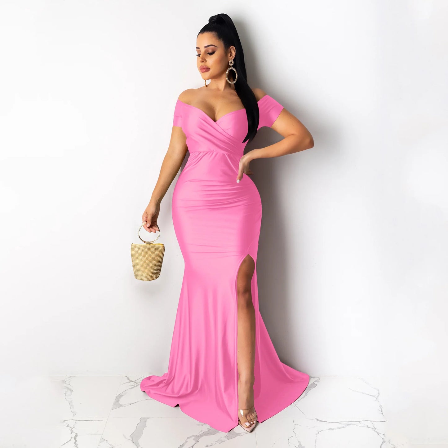 2024Sold Maxi Elegant Luxury Designer Party Dresses Women Off Shoulder Evening Dress Mermaid V-Neck Pleated Backless Long Dress