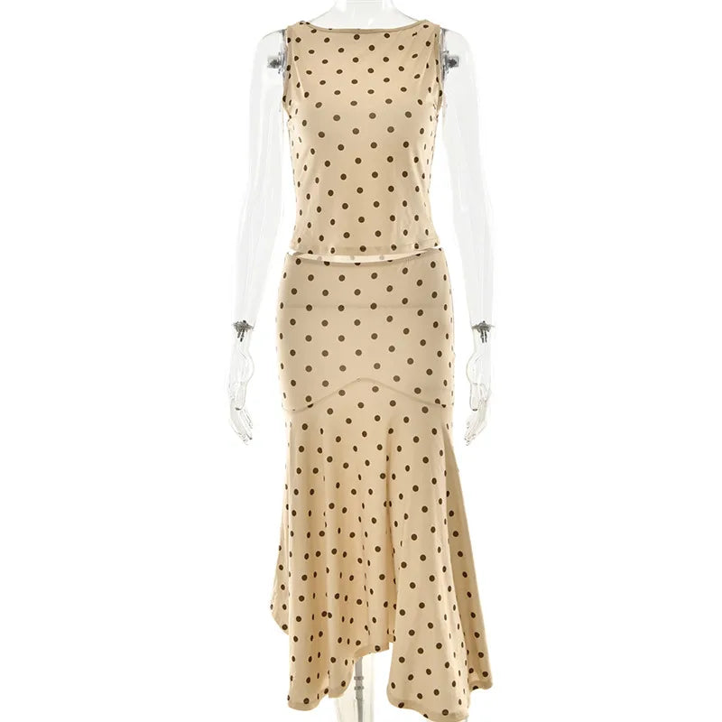 Absobe Polka Dot Y2K Skirt 2 Piece Set Women's Sleeveless Tank Top Fashion Irregular A-Line Skirt Slim Suit Summer Casual Outfit