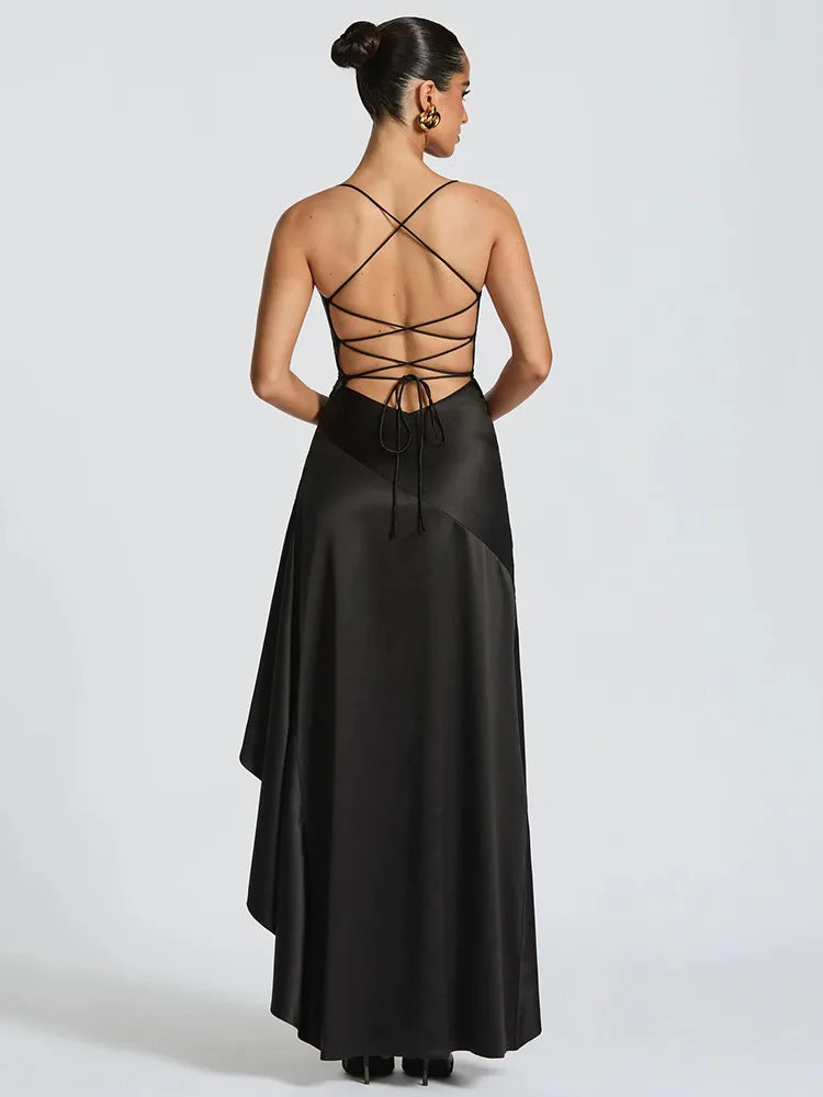 Articat Elegant Spaghetti Strap Satin Split Maxi Dress Women Sexy Backless Bodycon Party Evening Dress Summer Holiday Beachwear