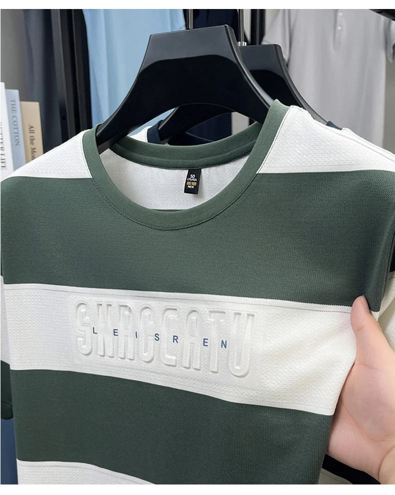 Top Grade Yarn Dyed Striped New Summer Tops Designer Round Neck Tshirt Men 2025 Brand Short Sleeve Casual Fashion Men Clothing
