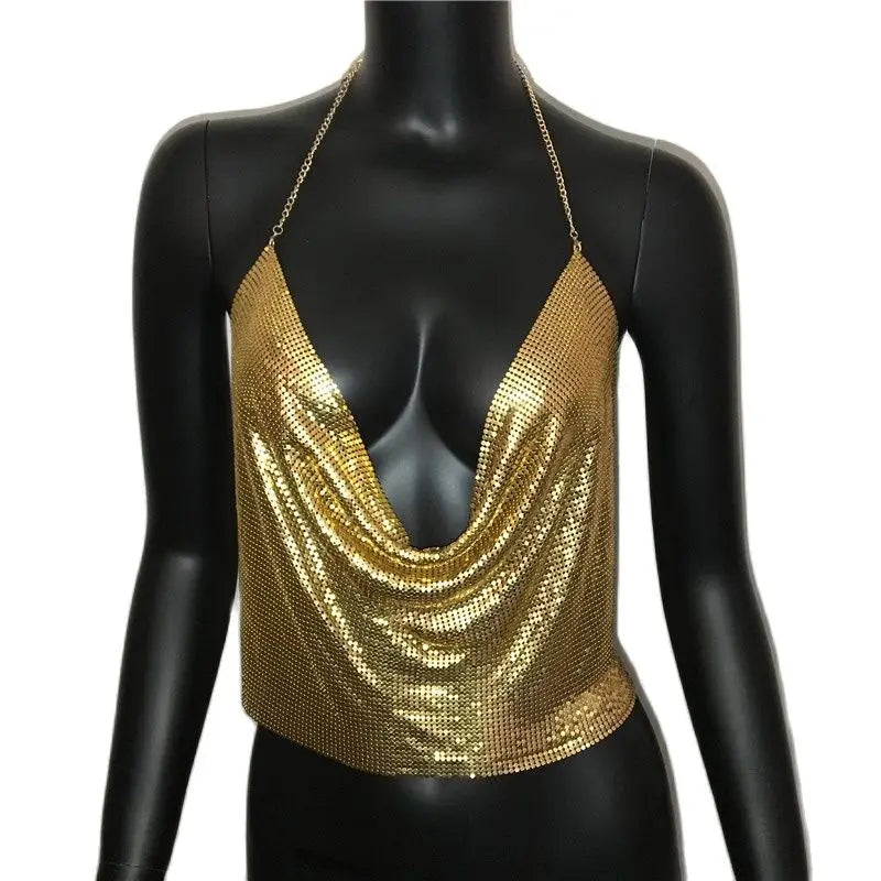 Festival Brilliant Rhinestone Backless Party Crop Top Women 2022 Summer Glitter Evening V Neck Diamonds Metal Tank Tops