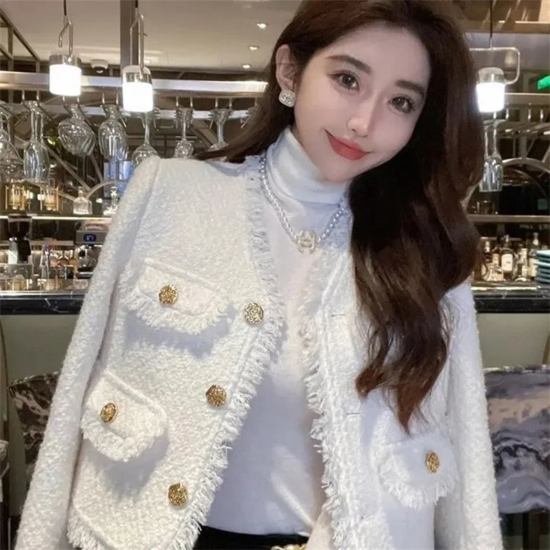 ジャケット 小さな香り ゆったり Vネック 長袖コート 春秋 高級 高級ツイード フレンチホワイト ショートコート レディース