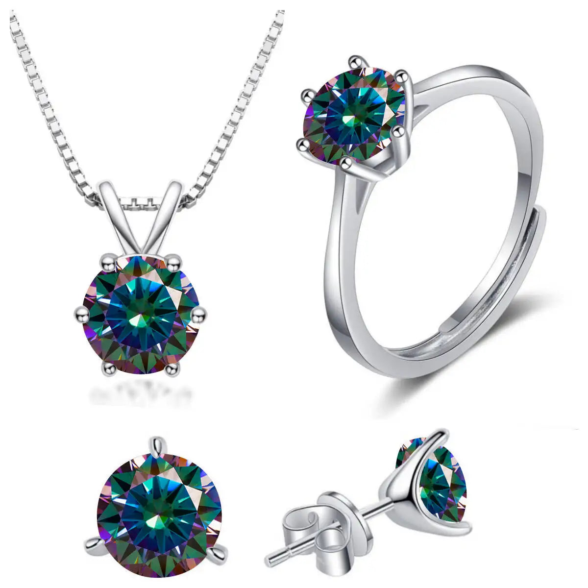 925スターリングシルバー 1CT*4 Dカラー モアサナイト リング イヤリング ネックレス セット ファインジュエリーセット エレガント レディースジュエリー パーティー ウェディング用
