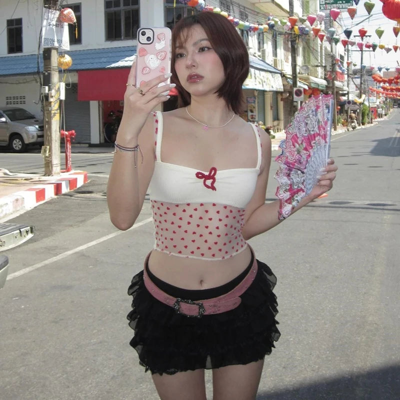 Candyhot Sexy Bow Casual Y2K Women's Top Summer Gauze Aesthetic Printed Tank Top Perspective Sleeveless Sling Women's Clothing