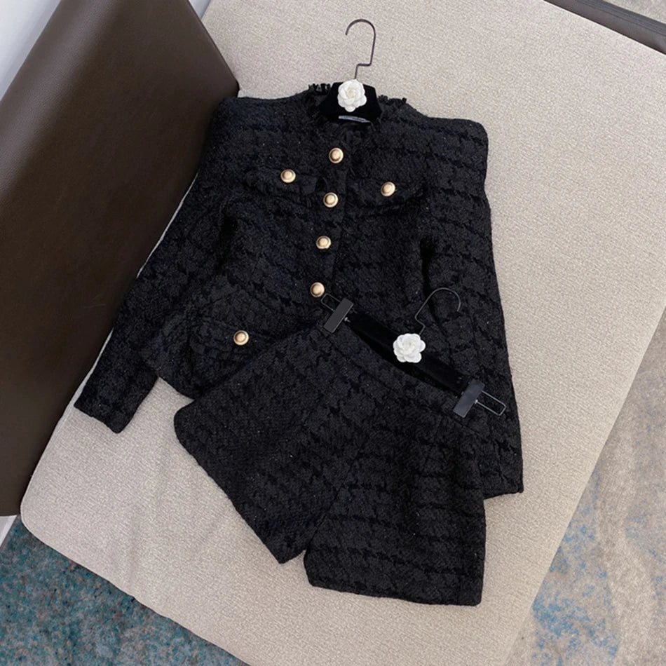 Two-Piece Set Sexy O-Neck Long Sleeve High Quality 2021 New Women's Tweed 2 Single Breasted Jacket And Pants Club Party Set