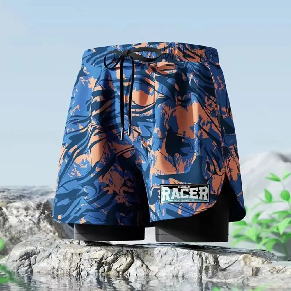 L-5XL Men's Swimming Trunks Swimsuit Printing Beach Pants Quick Drying Breathable Adult Double Layered Swimming Trunks Sports