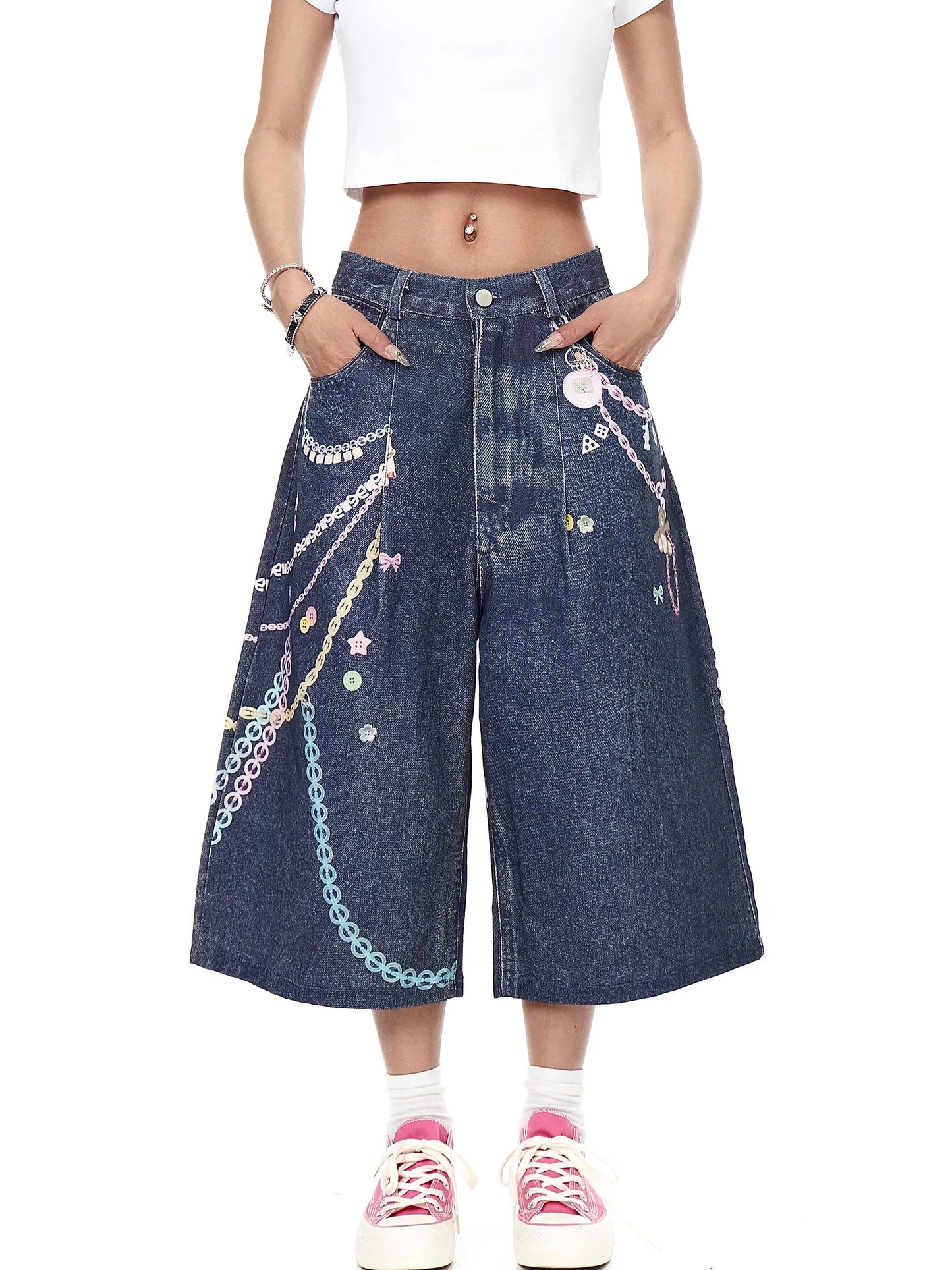 Chain Print Blue Jeans orts Men's Summer Loose Straight Leg Seven-Foot Pants Casual High Waist Corduroy Youth Faion