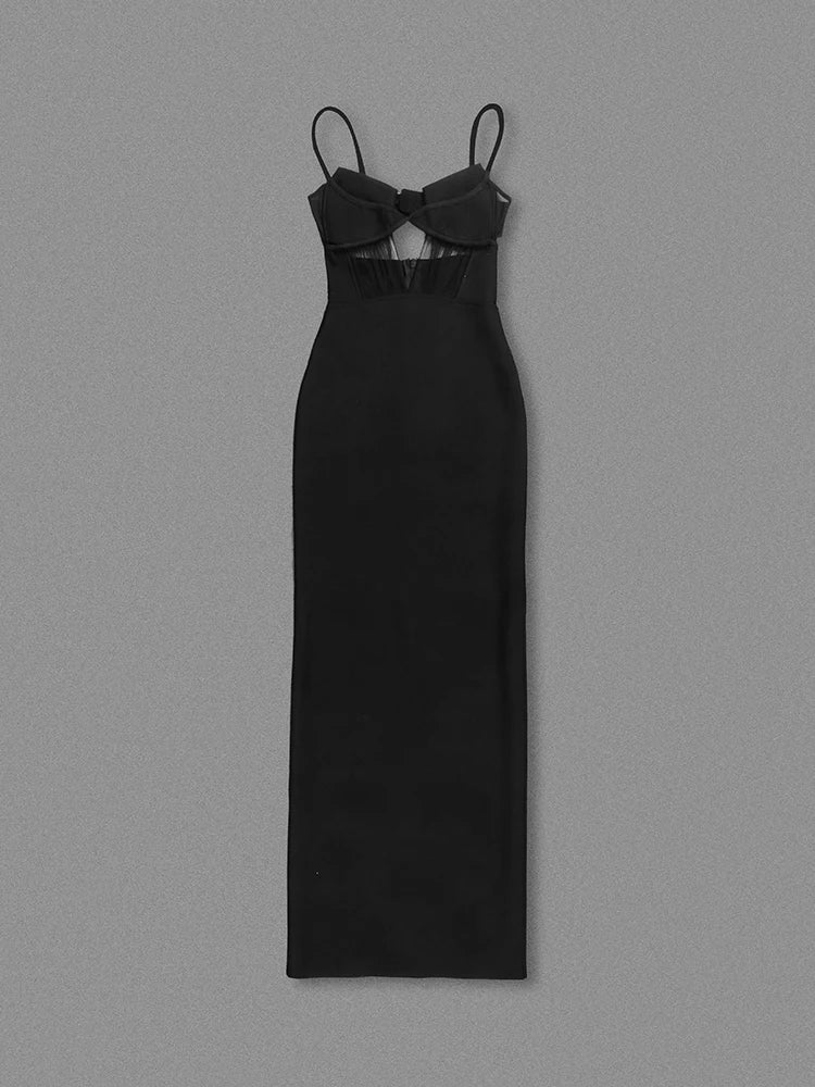 Sexy Spaghetti Strap Mesh Patchwork Hollow Out Bandage Dress Women Black Sleeveless V Neck Bodycon Dresses Evening Party Gowns