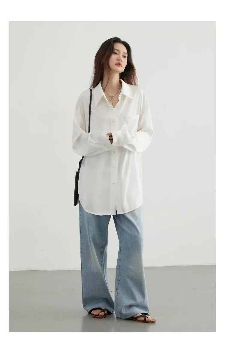CHIC VEN Korean Women Shirt White Solid Pleated Side Slit Loose Long Sleeved Woman Blouses Female Tops Spring Summer 2025