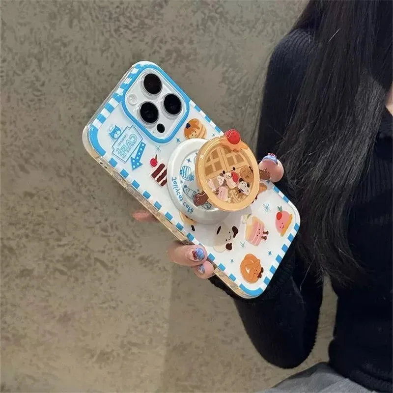 豪華でキュートなワッフルケーキのMagSafeワイヤレス充電ケース、iPhone 13 14 15 16 Pro Max用、面白い漫画ワッフルシェイクマグネットホルダー
