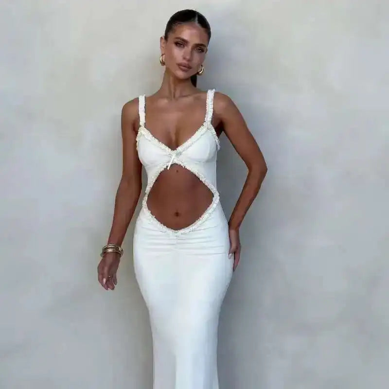 Giyu Sexy Evening Club Party Dresses Women 2025 Summer Sleeveless Backless Hollow Out Maxi Long Dress Elegant Bodycon White Robe