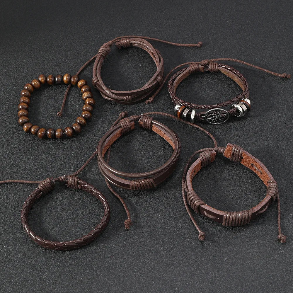 Red 6 Pc/set Tree Black Wrap Woven Handmade Wood Beads Bracelets Male Women Leather Bracelets Men Bangle Wholesale Jewelry Gift