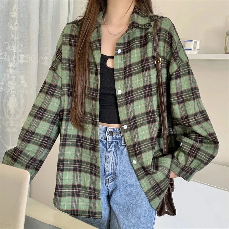 Women Tartan Shirt Long Sleeve Collared Button Up Oversized Plaid Shirt Jacket Grunge Fashion Teenage Girl Spring Summer Outfit