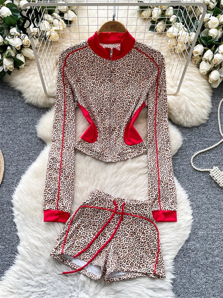SINGREINY Sexy Leopard Two Piece Suits Female Stand Collar Zipper Slim Tops+Drawstring Mini Short 2025 Autumn Color Block Sets