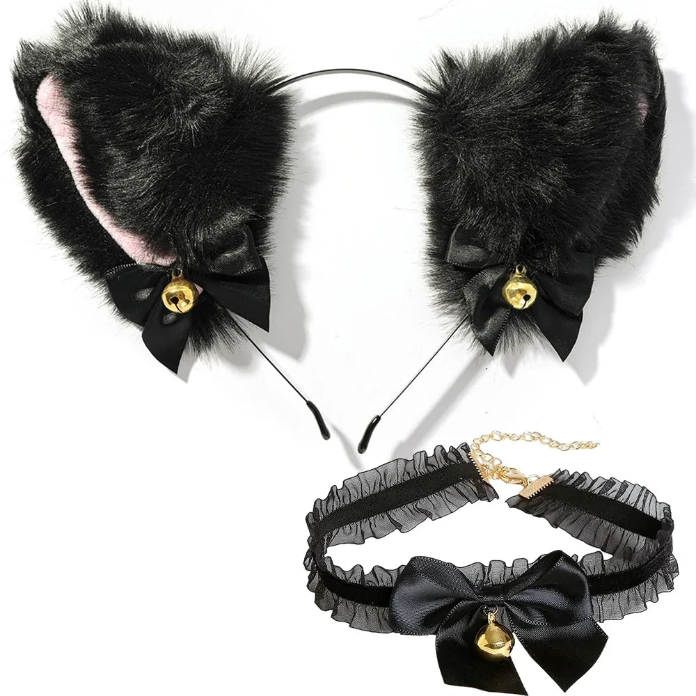 2Pcs Sexy Cat Ears Women Plush Bell Headband with Bell Heart Neckchain Cosplay Masquerade-Party Costume Hair Accessories