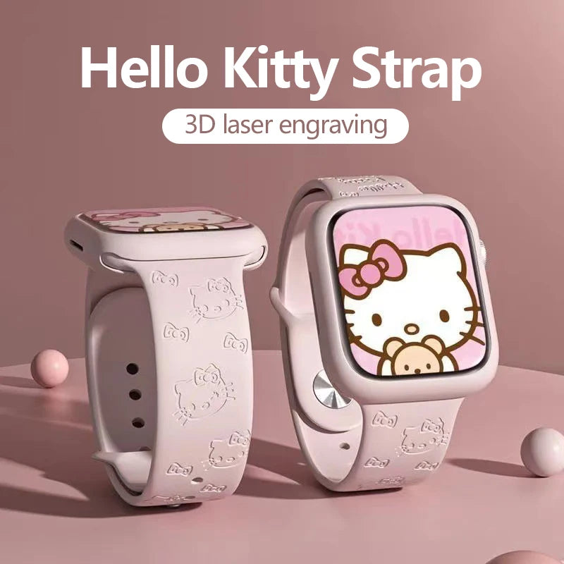 ハローキティとスティッチのシリコンバンド、Apple Watch用、38-45mm、Saniro製、3Dレーザー彫刻、iWatchシリーズSE、7、5、6、8、9、Ultra 2対応