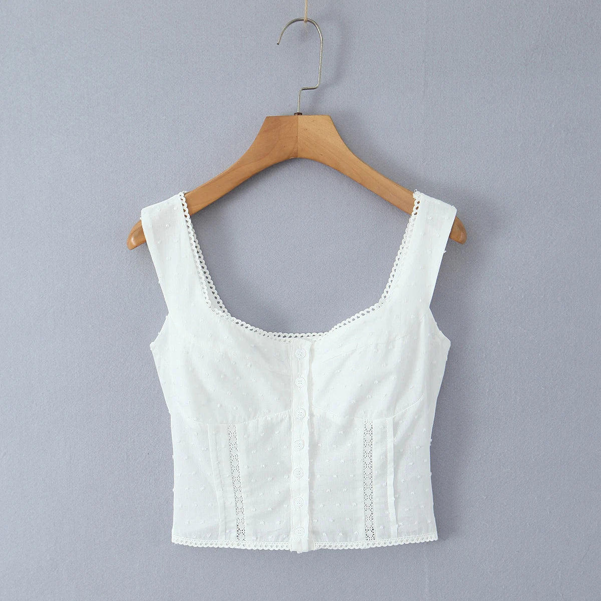 2025 Summer Plain White 3D Dot Sleeveless Tank Women Open Buttons Slim fit Elastic Back Tank Top Crop Tops