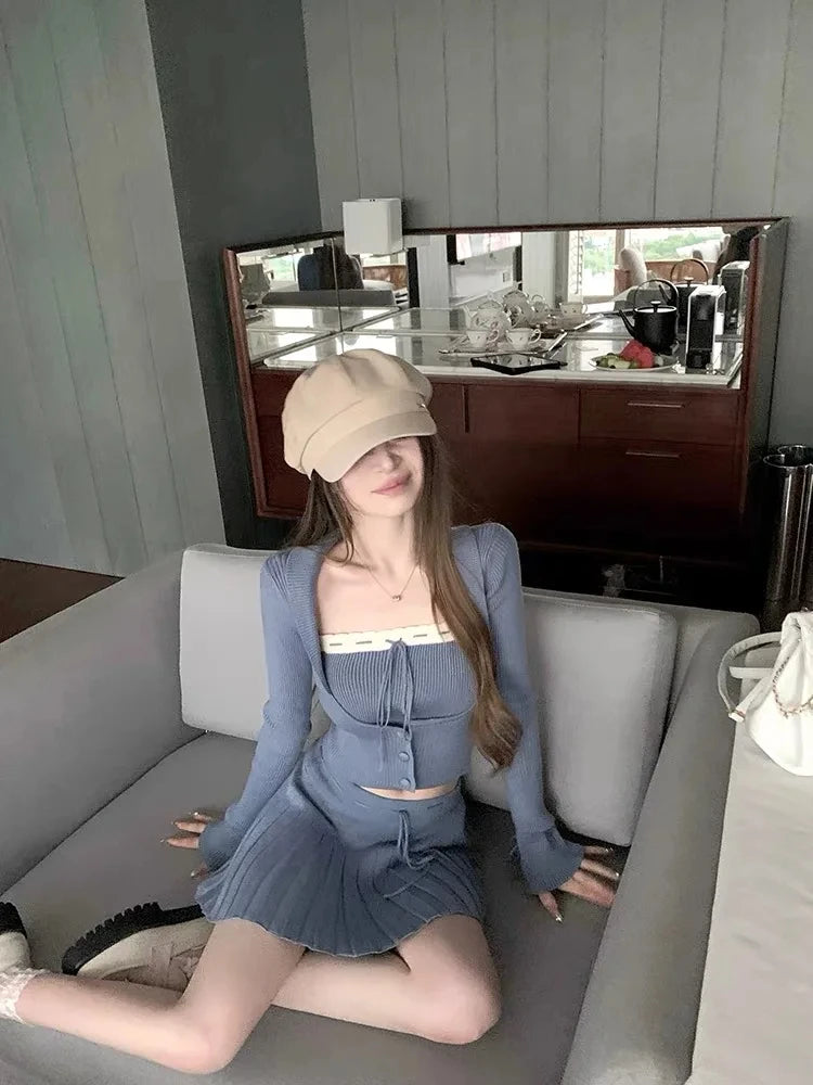 Woman Y2k Matching 3 Piece Set New Products Sweet Solid Knitted Cropped Patchwork Vest Slim Cardigan Mini Pleated Skirt Autumn