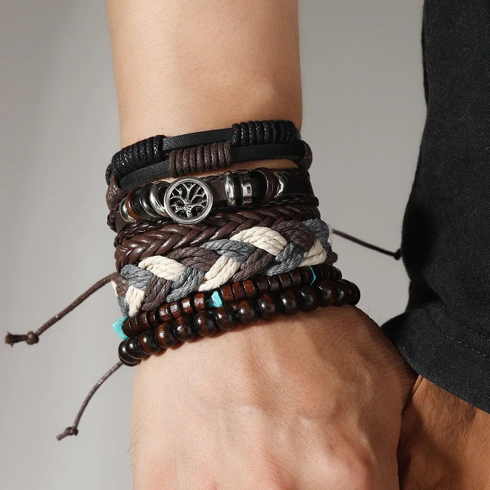 Red 6 Pc/set Tree Black Wrap Woven Handmade Wood Beads Bracelets Male Women Leather Bracelets Men Bangle Wholesale Jewelry Gift