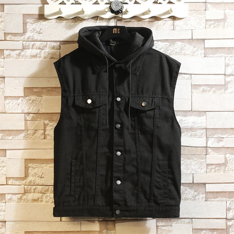 2025 Men's Spring/Summer Autumn Denim Vest Jacket Teenagers Black Leisure Hooded Vests Coat Plus Size Waistcoat M-5XL