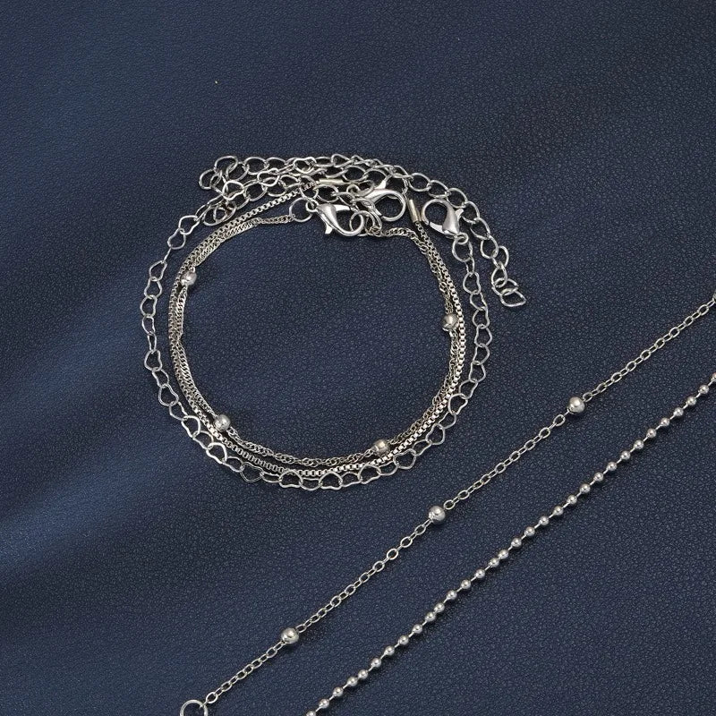 5-piece Bracelet Set, Women's Alloy Round Bead Heart Chain, Minimalist Box Chain Bracelet