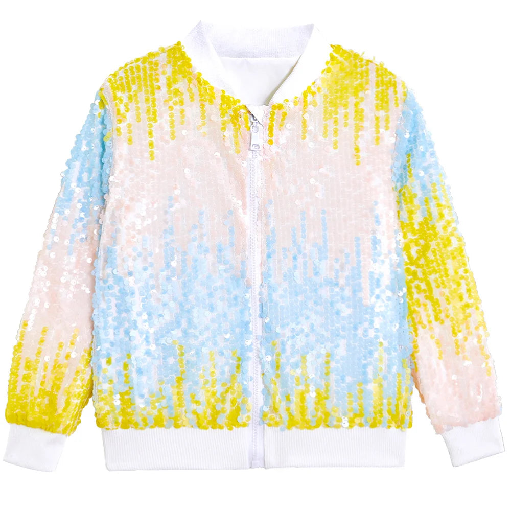 Luxury Sequin Zip Up Rainbow Gradient Coat Shiny Beaded Bomber Jacket Club Dance Streetwear Drop Shoulder Cardigan Tops Abrigos
