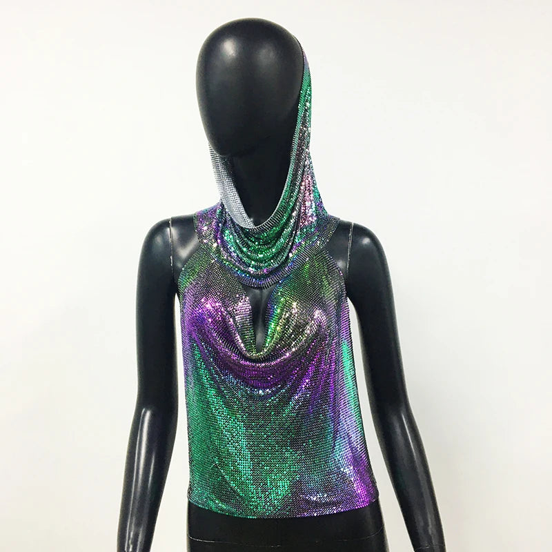 Women Metal Sequins Tank Top With Turban 2 Piece Sexy V Neck Backless Suspender Top Rave Festival Party Nightclub Camisole