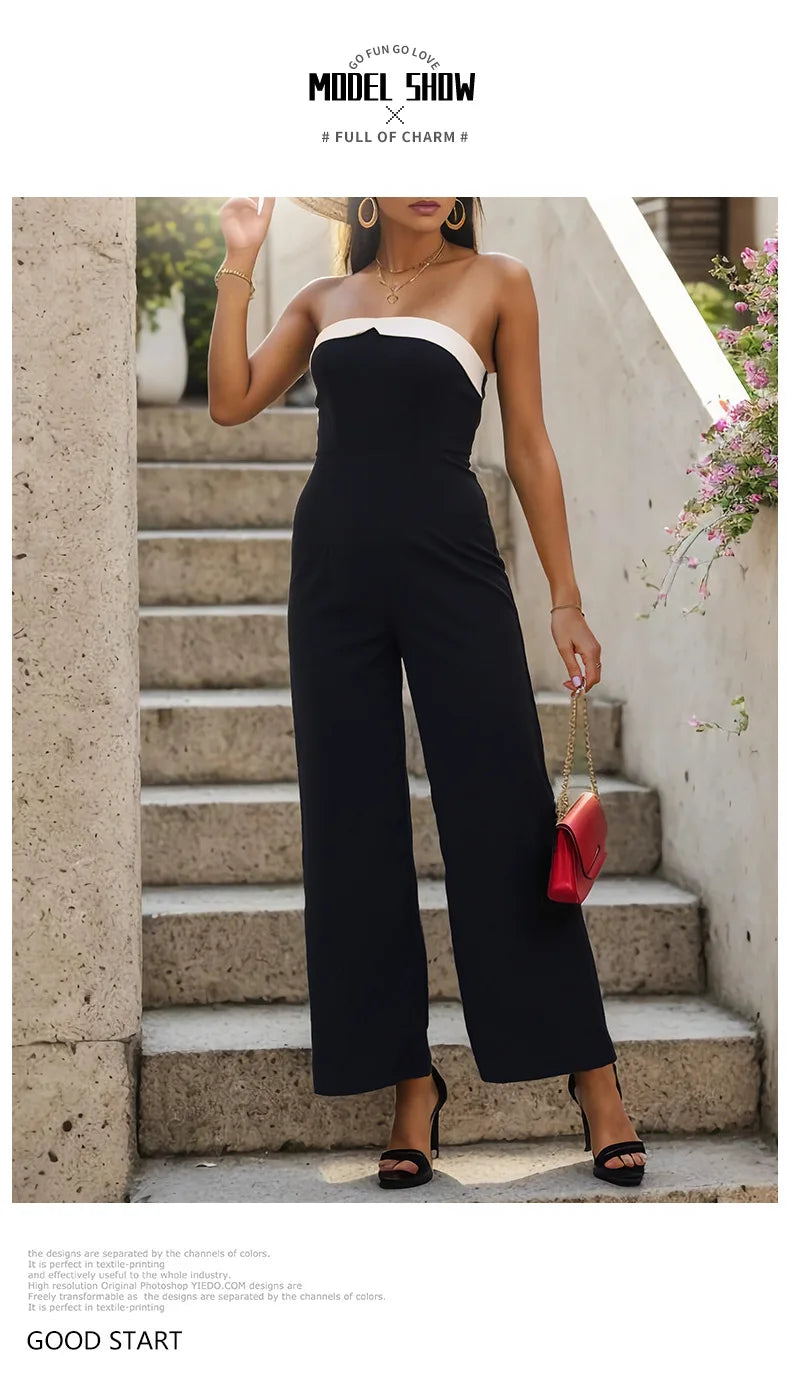 Women's Elegant Sleeveless Jumpsuits Summer High Waist Wide Leg Rompers Fashion Black White Splice Off Shoulder Party Playsuits