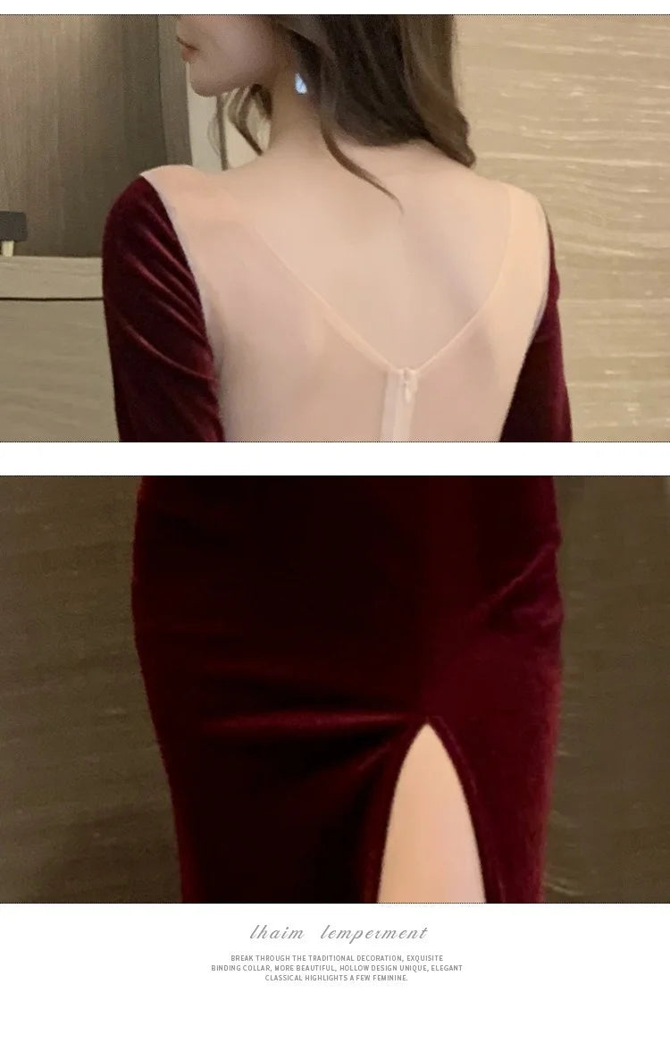 Velvet Sheer Deep V Neck Evening Gown Backless Floor Length Dress With Thigh High Slit Elegant Prom Gown Women Carpet Events