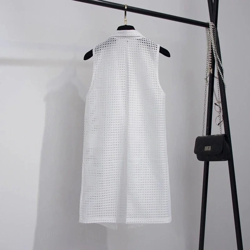 2025 Summer New V-NECKCollar Black White Suit Blazer Vest Jacket Women Style Commuter Sleeveless OL Cardigan Tank Coat