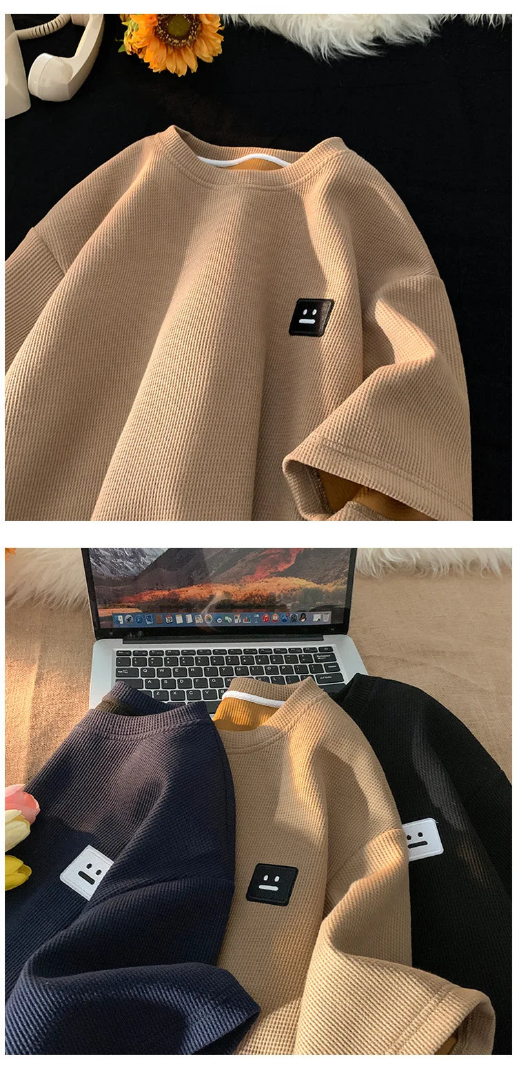 メンズ サマー アメリカン レトロ ワッフル 半袖 Tシャツ 厚手 無地 大きいサイズ 通気性 ゆったり カジュアル 半袖