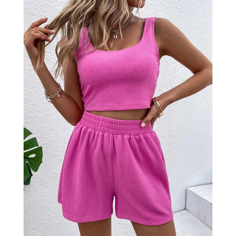 Girls' Fresh and Sweet Shorts Set 2023 Summer Casual Women's Knitted Rib Sleeveless U-neck Top and Shorts Two Piece Set