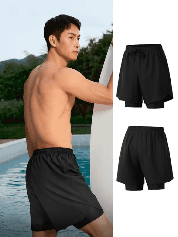 Men Swim Trunks Double-Layer Comfort Compression Liner Swim Shorts Quick Dry Beach Pants 7"