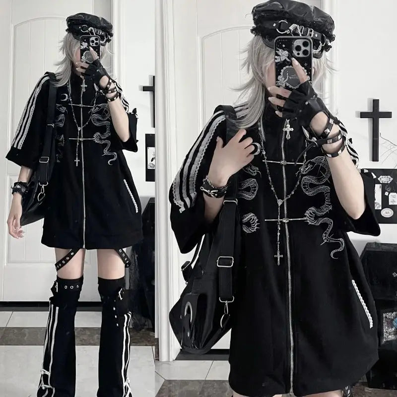 ストリートウェア パンク パーカー コート レディース 服 プリント ジッパー 半袖 スウェットシャツ カジュアル ファッション 夏 オーバーサイズ パーカー Y2K トップス