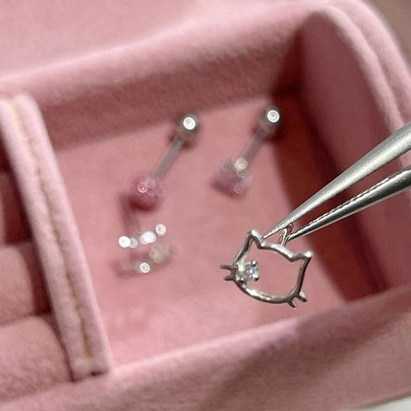 925 Sterling Silver Cute Hello Kitty Shining Zircon Earrings Kawaii Earrings Cartoon New Ins Sweet Student Exquisite Earrings
