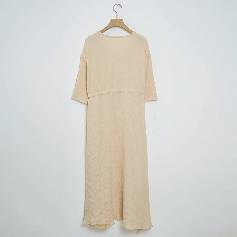 Elegant Party Dresses Women 100% Cotton Muslin Gauze Holiday Beach Casual Corset Waistband Ladies Robe Loose Soild Sundress