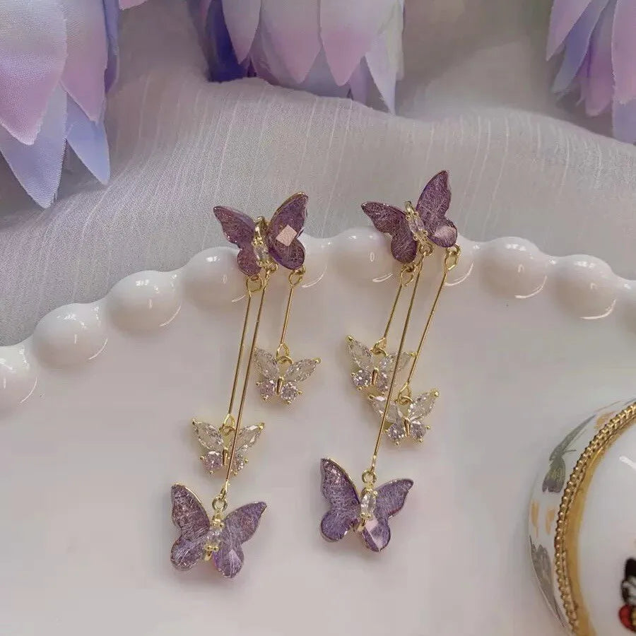 925 Silver Needle Purple Butterfly Long Tassel Earrings For Women Jewelry 2025 Trending Korean Fashion Luxury Crystal Earrings
