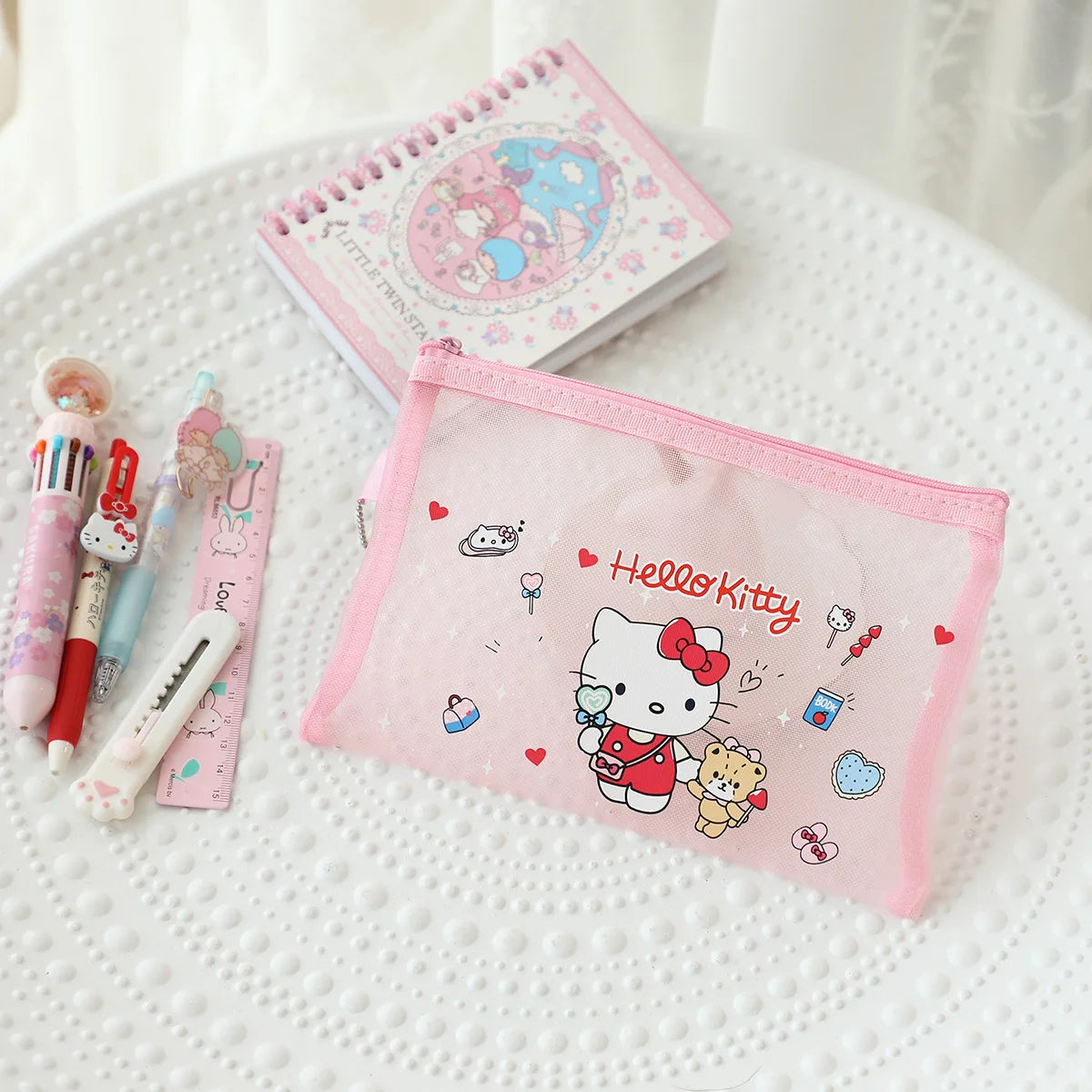 Kawaii Hello Kitty Stationery Bag Cute Cartoon Mesh Storage Bag Transparent Desktop Decoration Student Supplies Gift Wholesale