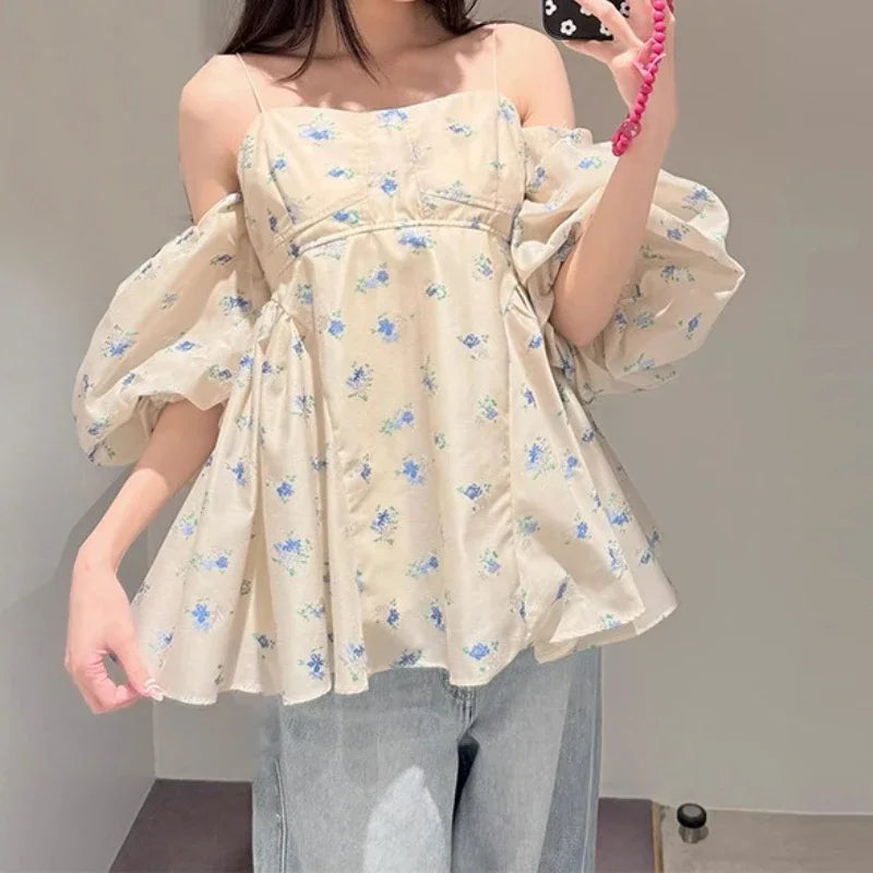 Japanese Print Blusas Mujer Sexy Off Shoulder Puff Sleeve Shirts & Blouses Woman 2025 Clothing Loose Camisas Summer New Ropa