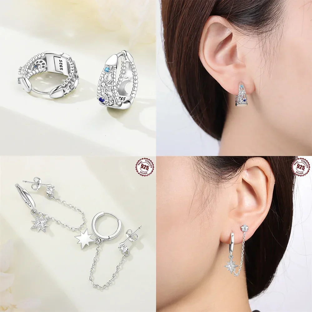 New 925 Silver Blue Zircon Star Earrings Interactive Love Wave Hoop Earrings Original Jewelry Fot Wedding Birthday Women Gifts