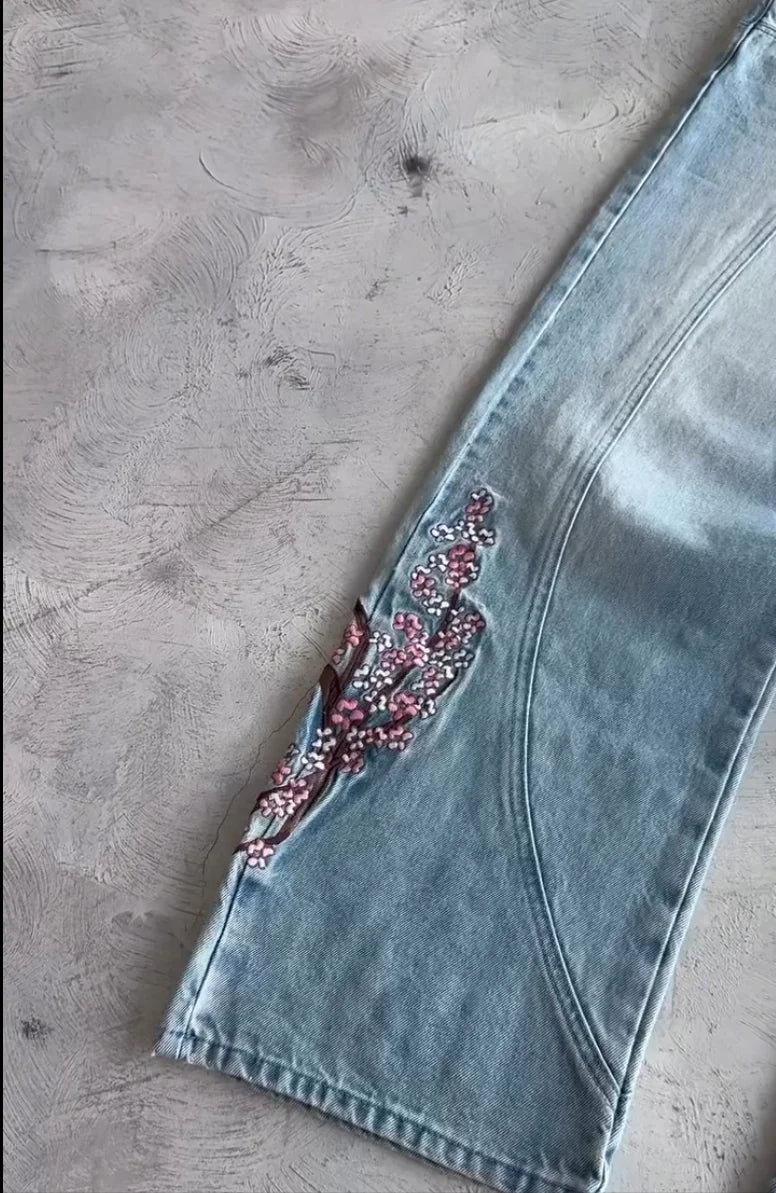 メンズ レディース チェリーブロッサムナイト オール刺繍 デニムパンツ Y2K ヴィンテージ バギー ストリート ストレートジーンズ ハイウエスト ウォッシュ加工 ブルージーンズ