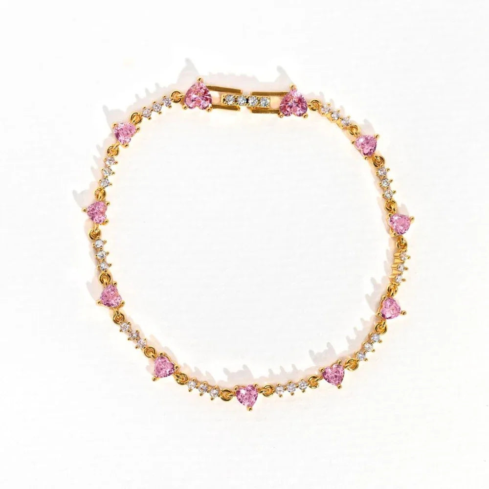 Y2K Exquisite Sweet Pink Zircon Bowknot Love Heart Chain Bracelet For Women Girls Party Birthday Jewelry Gift
