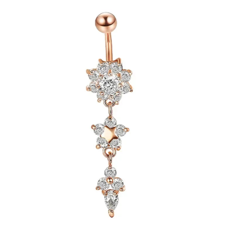 Alloy Zircon Navel Nail Ring Crystal Bar Barbell Drop Flower Dangle Body Piercing Belly Button Rings Men Women Body Jewelry Gift