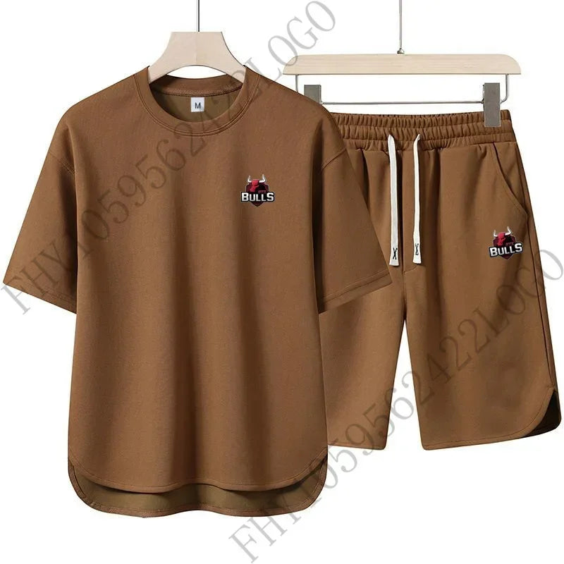 Men's new summer fashion sports suit casual fashion fitness jogging wear round neck T-shirt + breathable disconnect 2-piece set