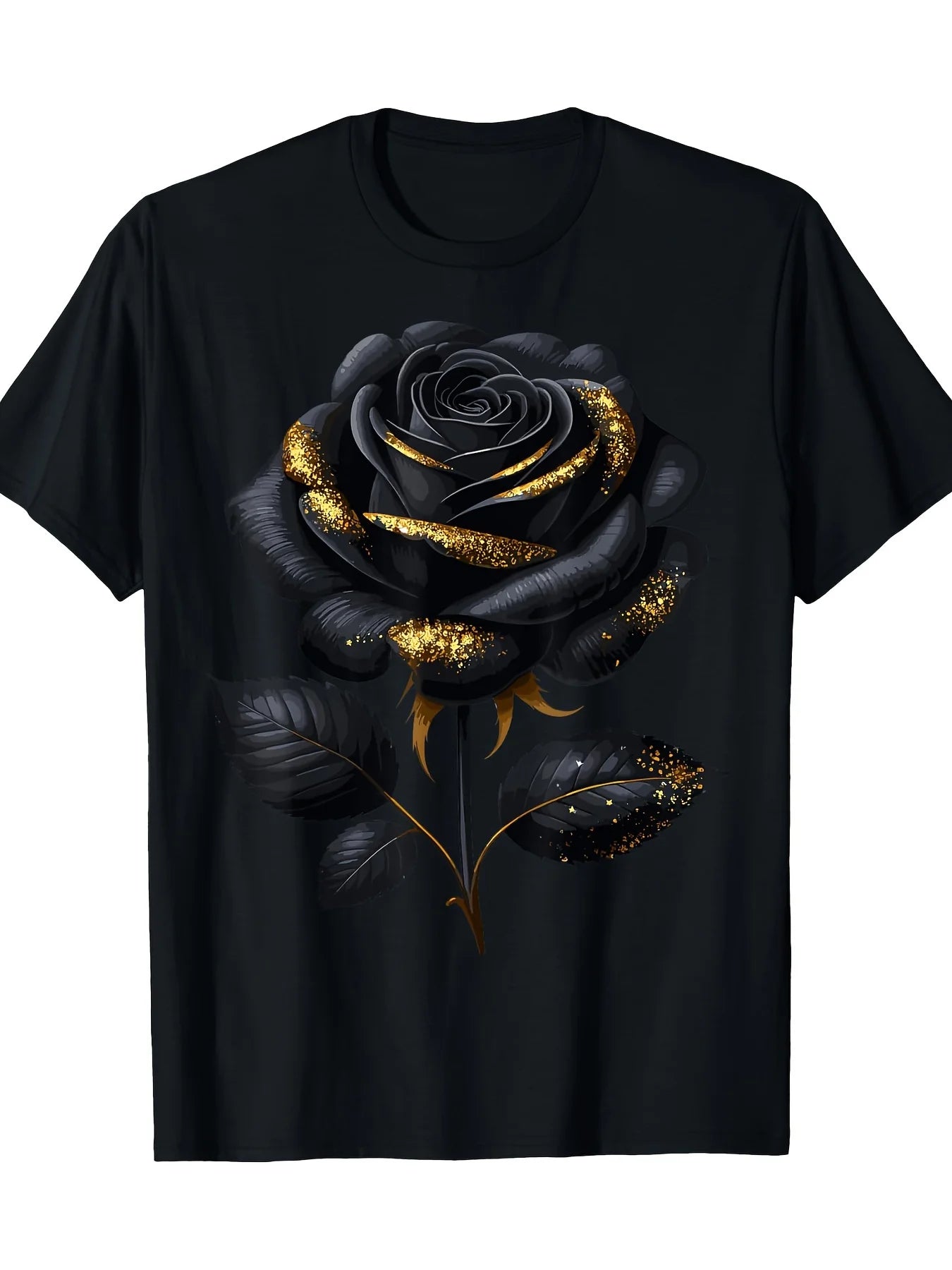 Black rose pattern gold sequin T-shirt, cotton casual round neck short sleeve T-shirt, daily wear, machine washable