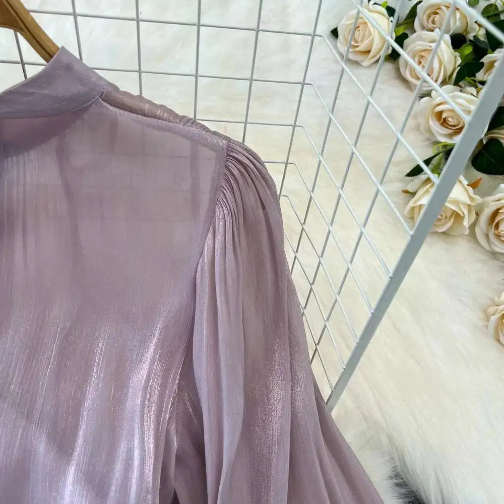 Elegant Long Sleeve Midi Party Dresses Women Summer Autumn Bright Faux Silk Retro Solid Evening Party Vestidos